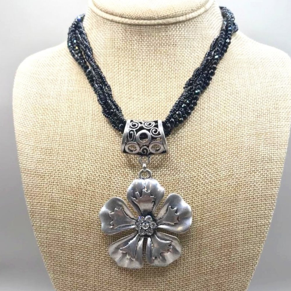 Premier Designs Black Multi-Strand Beaded Necklace with Silver Floral Pendant